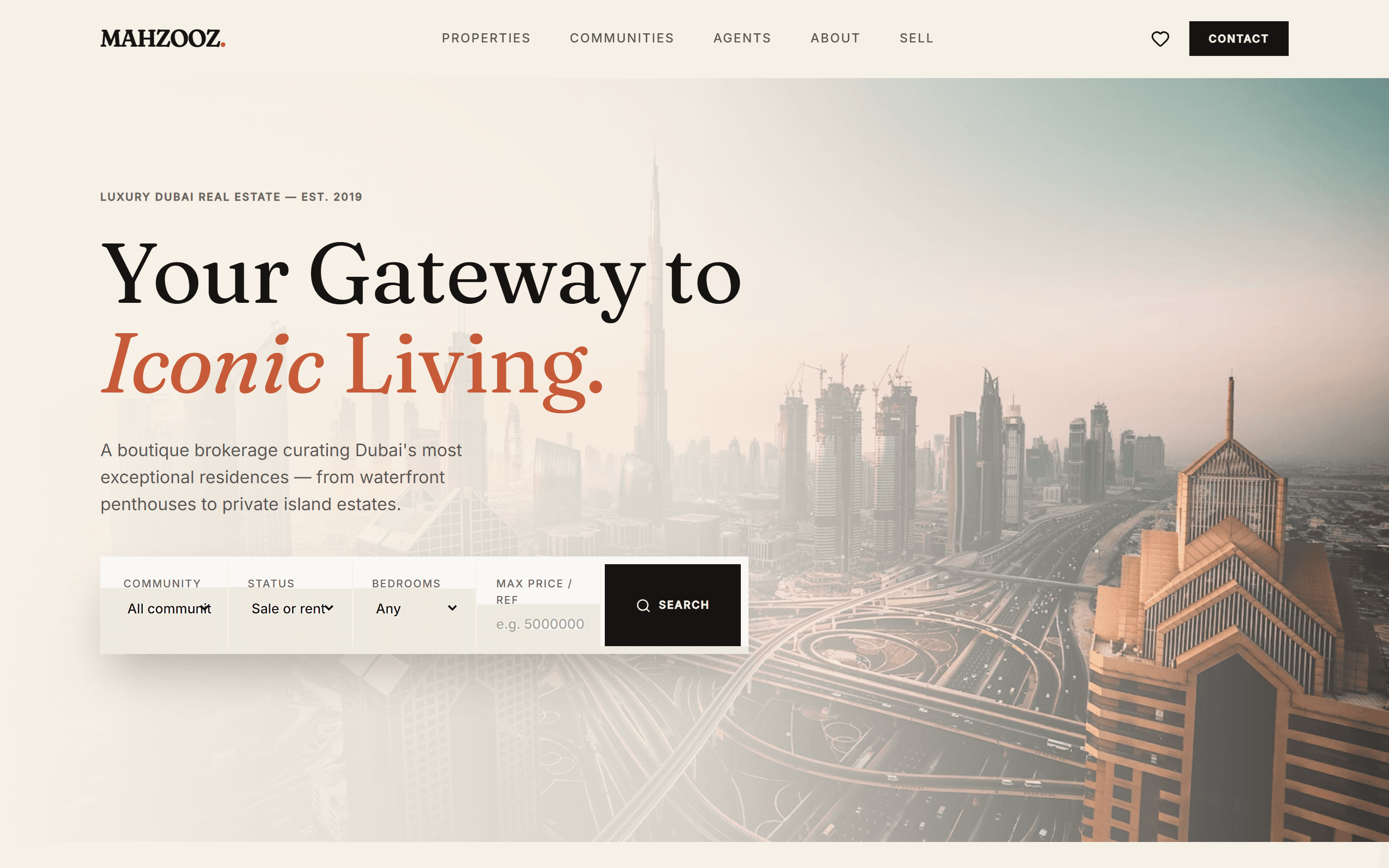 Mahzooz Realty website — homepage viewed on a 1440px desktop