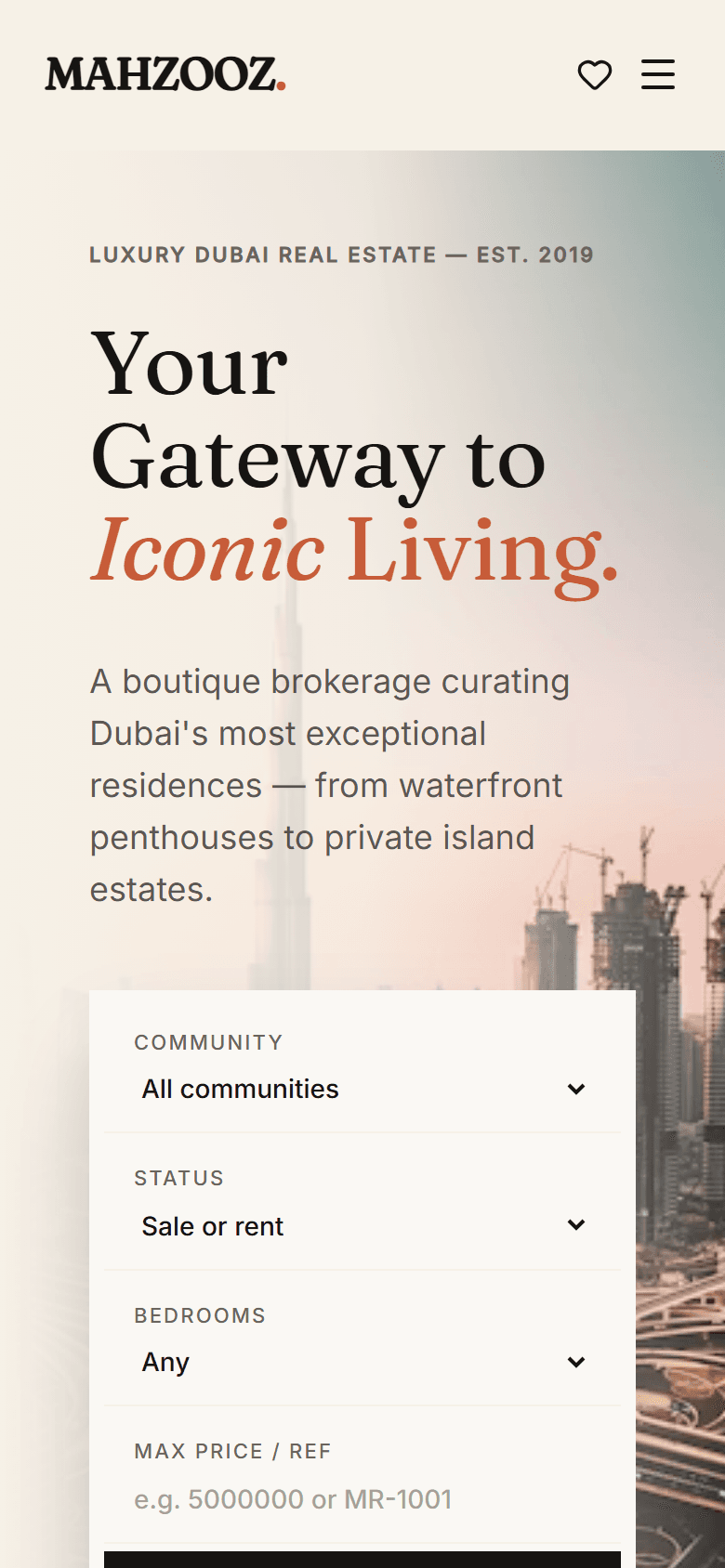 Mahzooz Realty website — homepage on a 390px mobile viewport